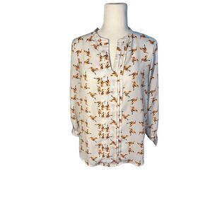 41 Hawthorne white 3/4 tie sleeves button down bird themed blouse - S